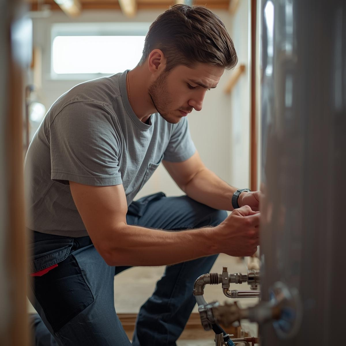 Plumber in a blue plaid shirt inspecting a water heater, writing on a clipboard, against a blue wall.