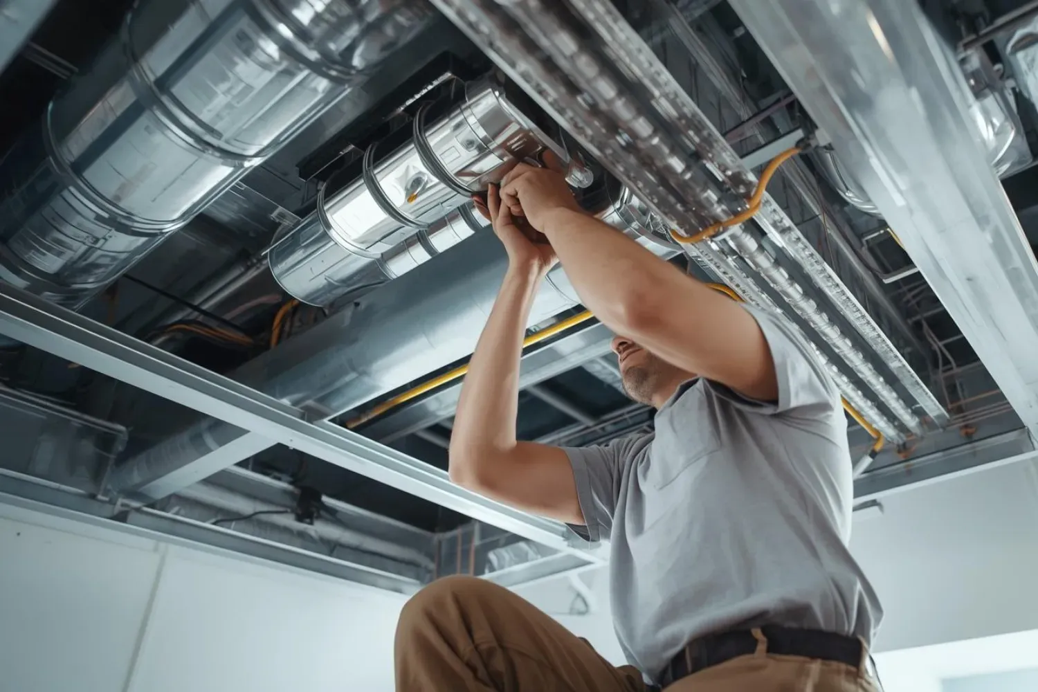 HVAC technician in overalls installs ductwork on a ceiling, wearing gloves and a cap.