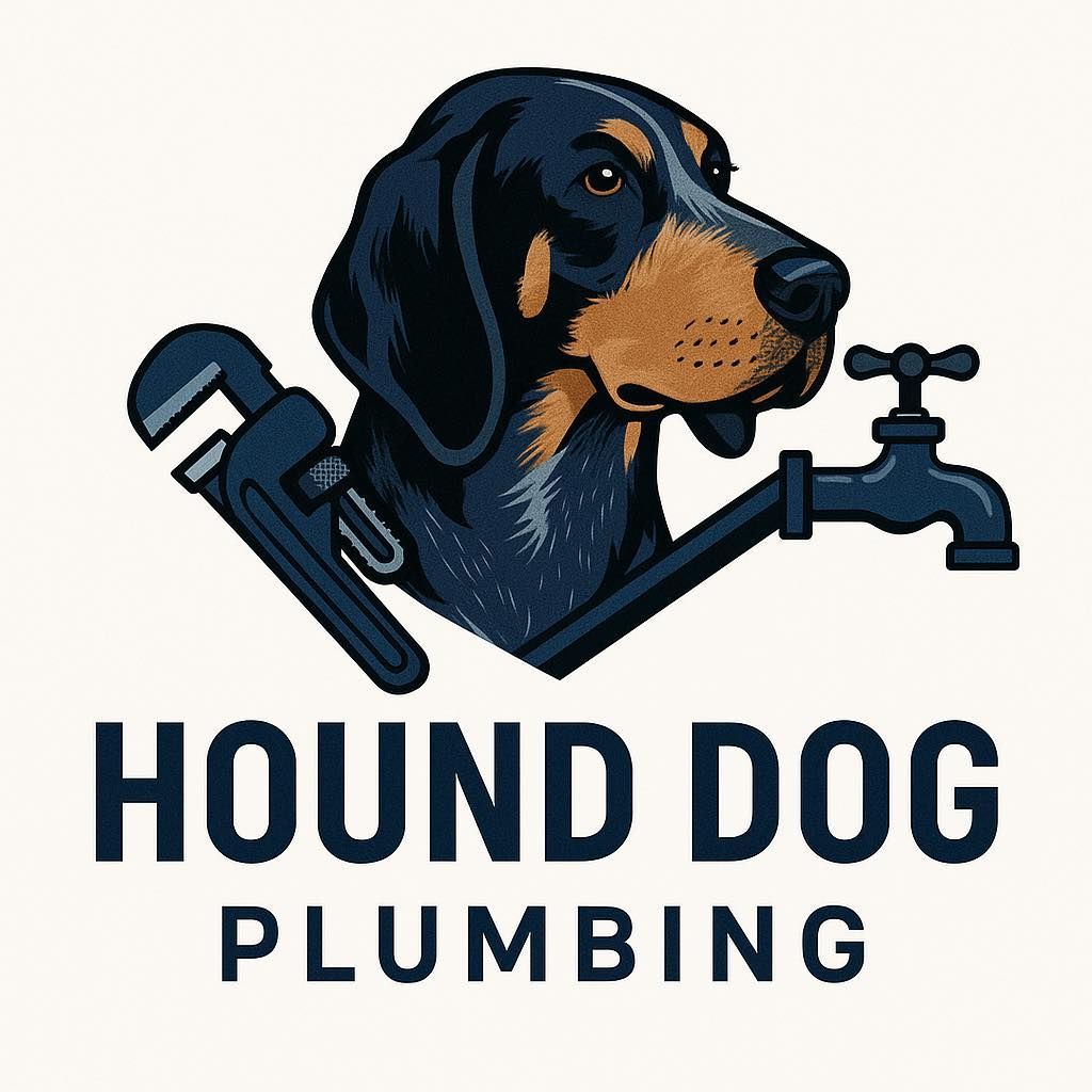 Hound dog with plumbing tools logo: dog's head between wrench and faucet, navy and brown, text "Hound Dog Plumbing."