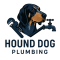 Logo: Hound Dog Plumbing. Hound dog head with wrench and faucet. Dark blue and brown.