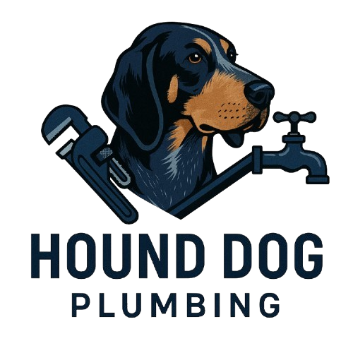 Logo: Hound Dog Plumbing. Hound dog head with wrench and faucet. Dark blue and brown.