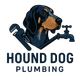 Logo: Hound Dog Plumbing. Hound dog head with wrench and faucet. Dark blue and brown.