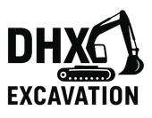 DHX Excavation logo: Black excavator outline next to bold text "DHX" and "EXCAVATION".