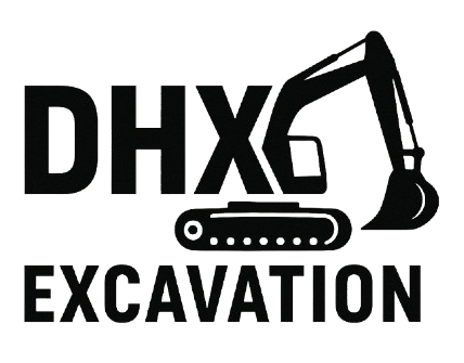 DHX Excavation logo: Black excavator outline next to bold text "DHX" and "EXCAVATION".