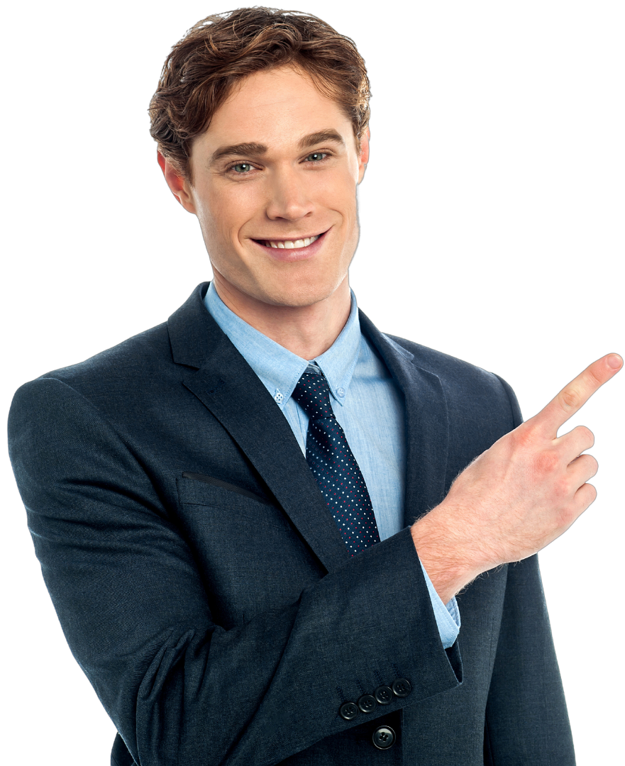 man pointing with right hand showing happy client testimonials