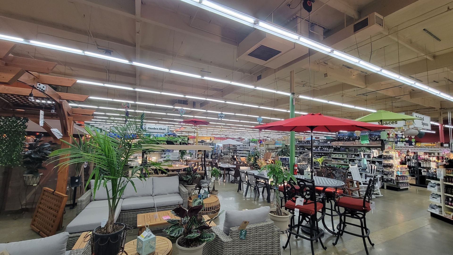 Indoor garden section in a store with plants, patio furniture, and red umbrellas under bright ceiling lights