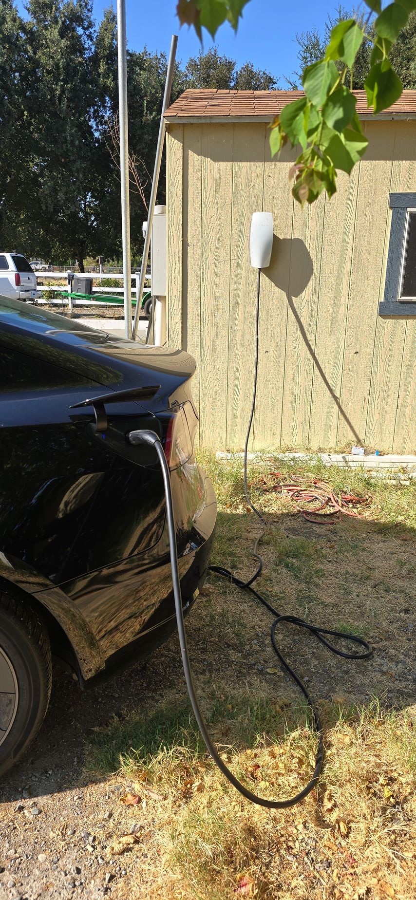Electric car charging beside a house, with a black cable running to an outdoor wall charger.