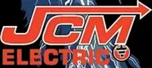 JCM Electric logo in red and orange with a lightning bolt on a black background