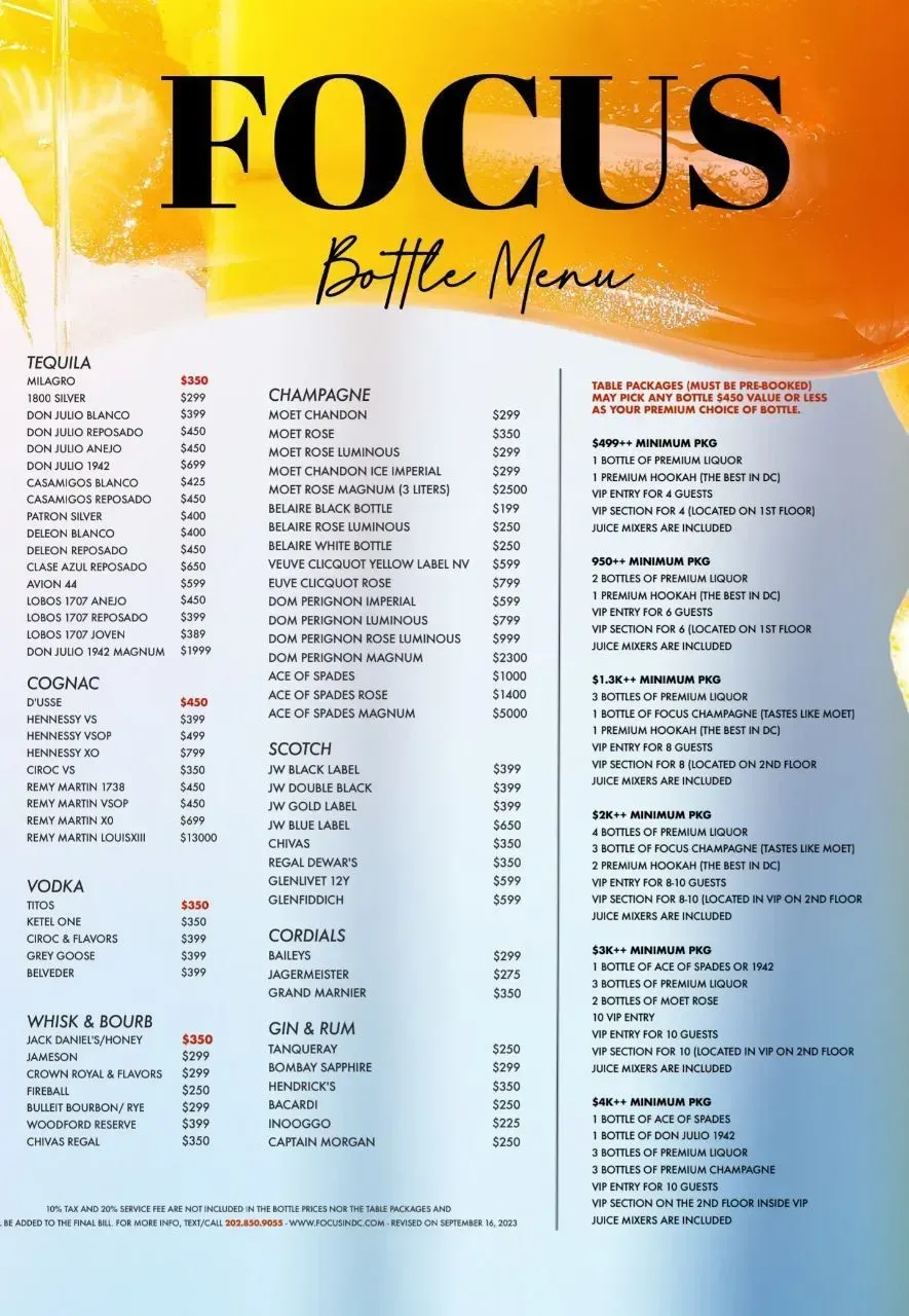 A menu for a restaurant called focus bottle menu