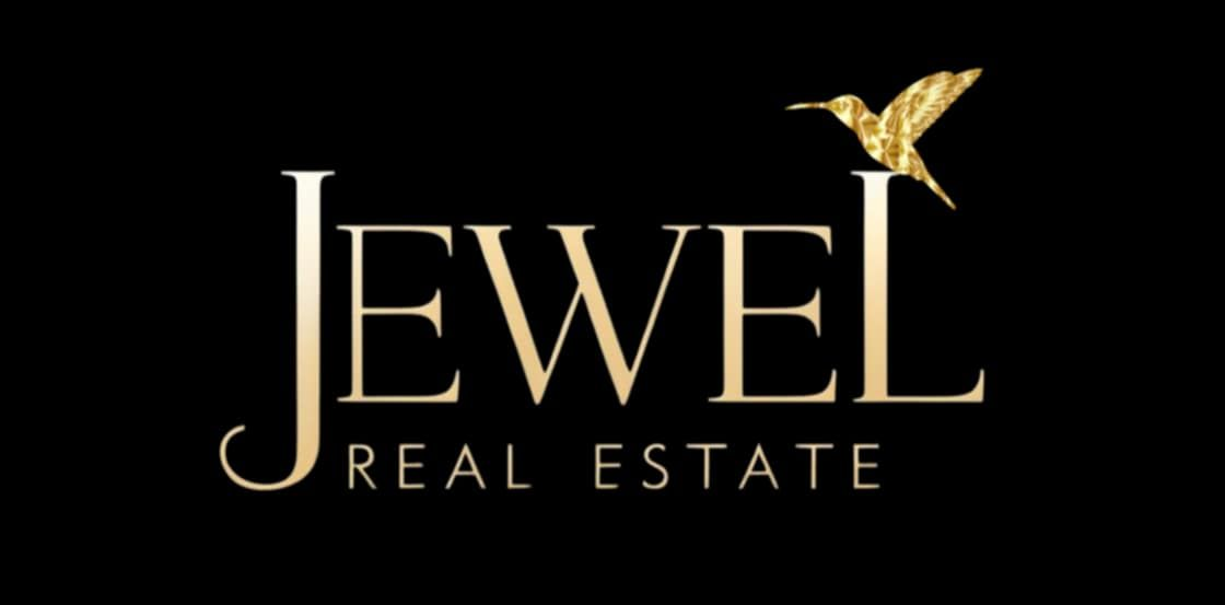 Jewel Real Estate logo: gold text and hummingbird on black background.