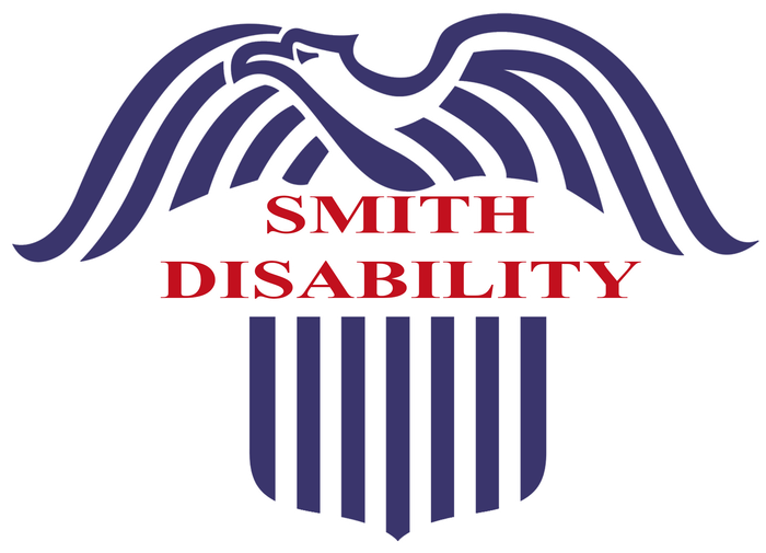 Smith Disability Logo  blue eagle encasing the words smith disability in red text