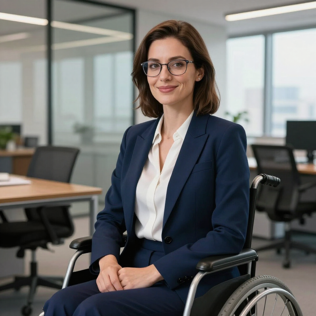 Un professionnel en blazer bleu marine, assis dans un fauteuil roulant dans un bureau moderne, sourit à l'objectif.