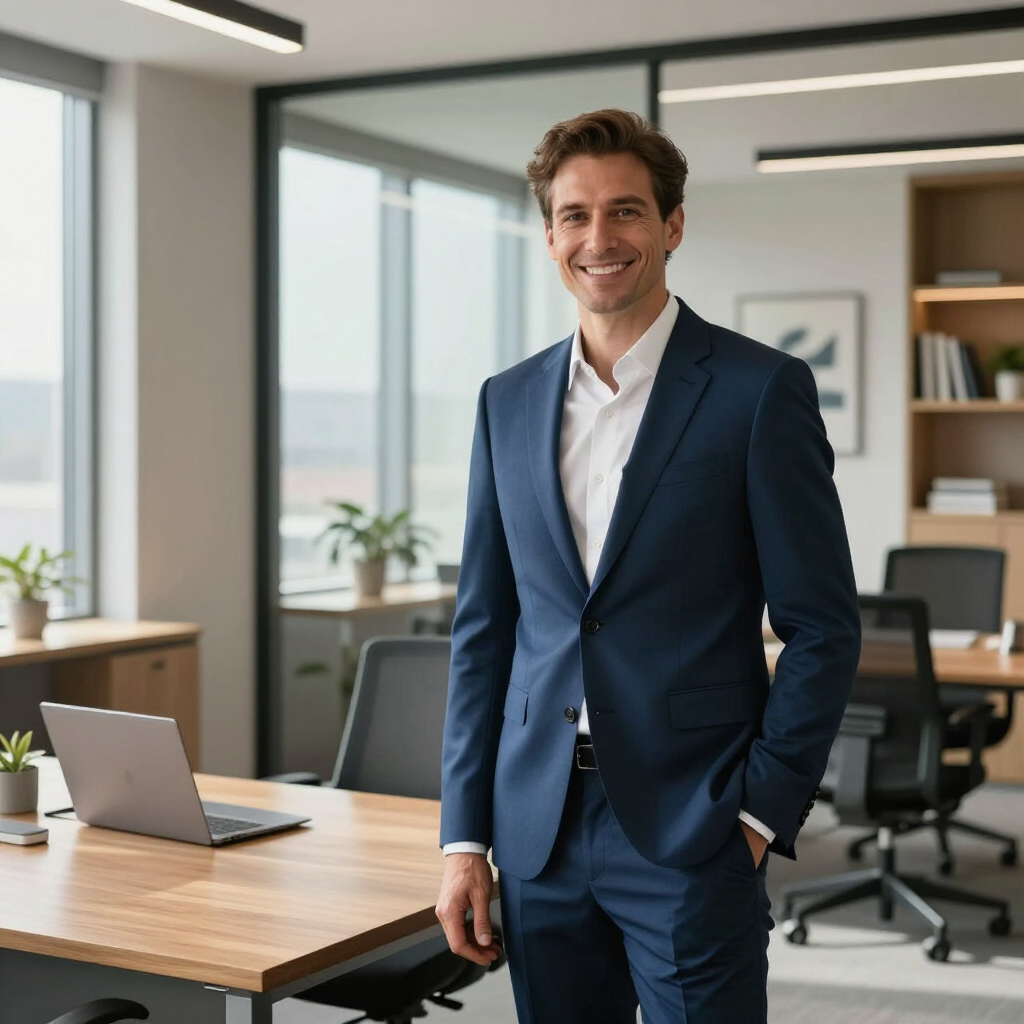 Un professionnel souriant en costume bleu se tient debout dans un bureau moderne, à côté d'un bureau avec un ordinateur portable.