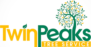 Twin Peaks Tree Service logo: yellow and green text with a stylized tree icon.