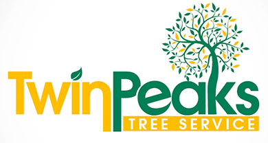 Logo for Twin Peaks Tree Service: yellow and green text, stylized tree icon.