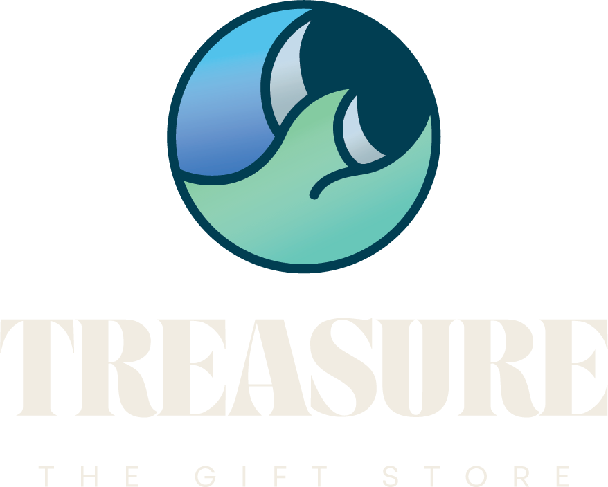 A logo for treasure the gift store with a wave in a circle