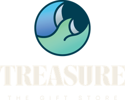 A logo for treasure the gift store with a wave in a circle