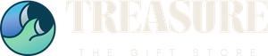 A logo for treasure the gift store with a hand in a circle.