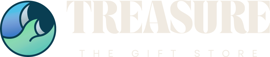 A logo for treasure the gift store with a hand in a circle.