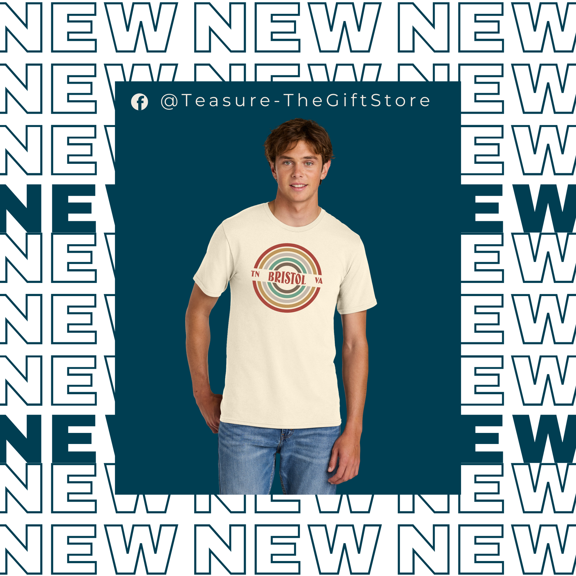 A man is wearing an off-white t-shirt with a unique design with Bristol TN VA listed in the text of the T-shirt design