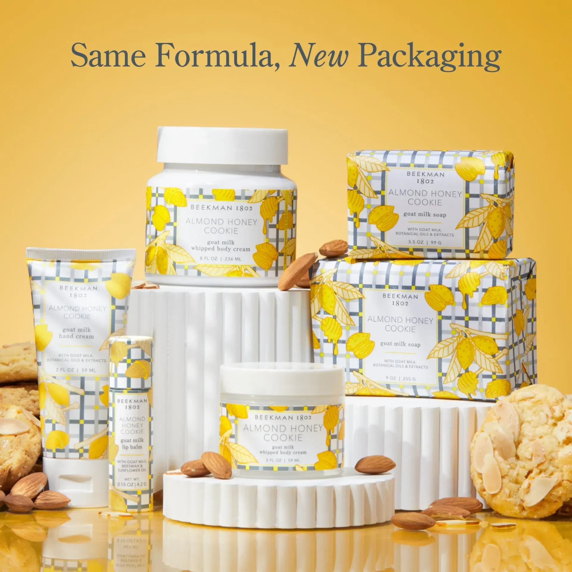 A display of products with the words same formula new packaging