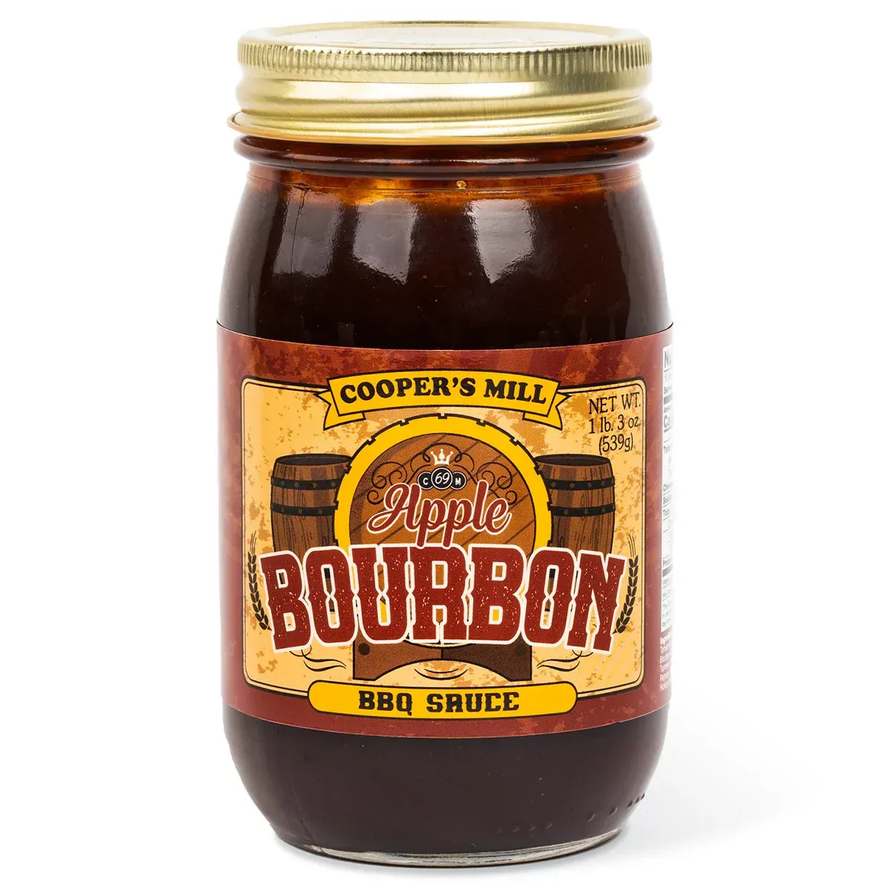 A jar of apple bourbon bbq sauce on a white background
