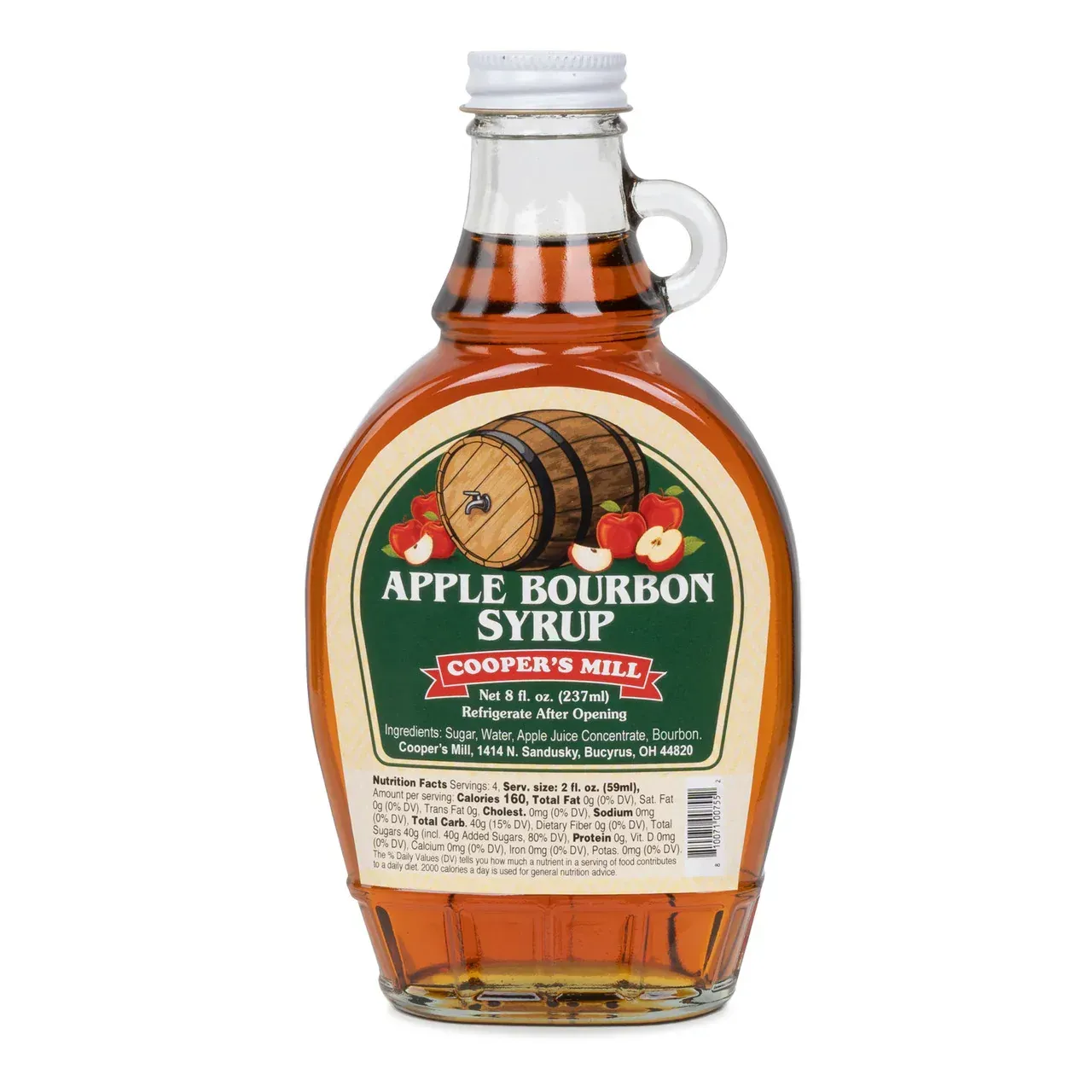 A bottle of apple bourbon syrup with a barrel on the label