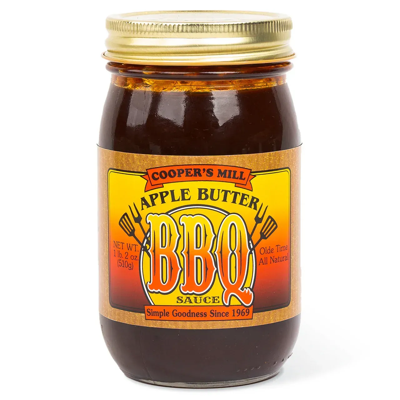 A jar of cooper 's mill apple butter bbq sauce