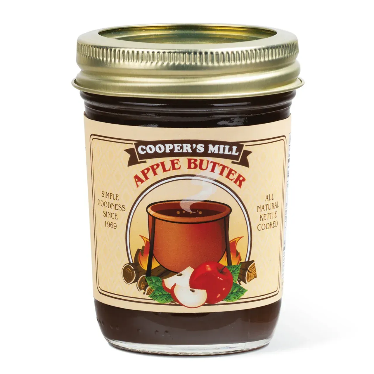A jar of cooper 's mill apple butter on a white background