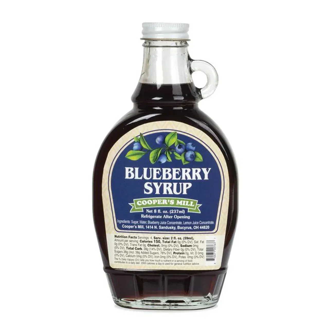 A bottle of blueberry syrup from cooper 's mill
