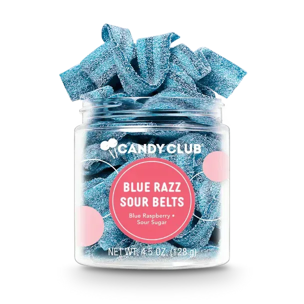 A jar of blue razz sour belts from candy club