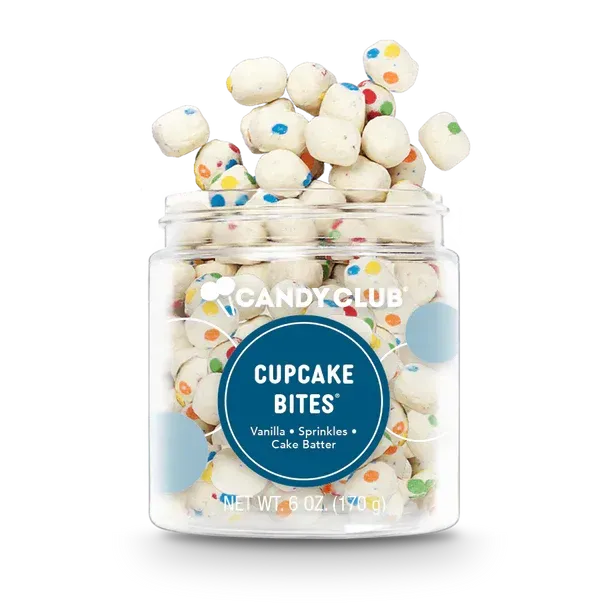 A jar of cupcake bites with vanilla sprinkles and cake butter