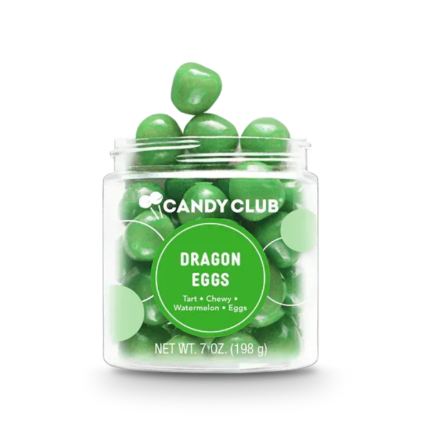 Candy club dragon eggs are green candy in a jar.