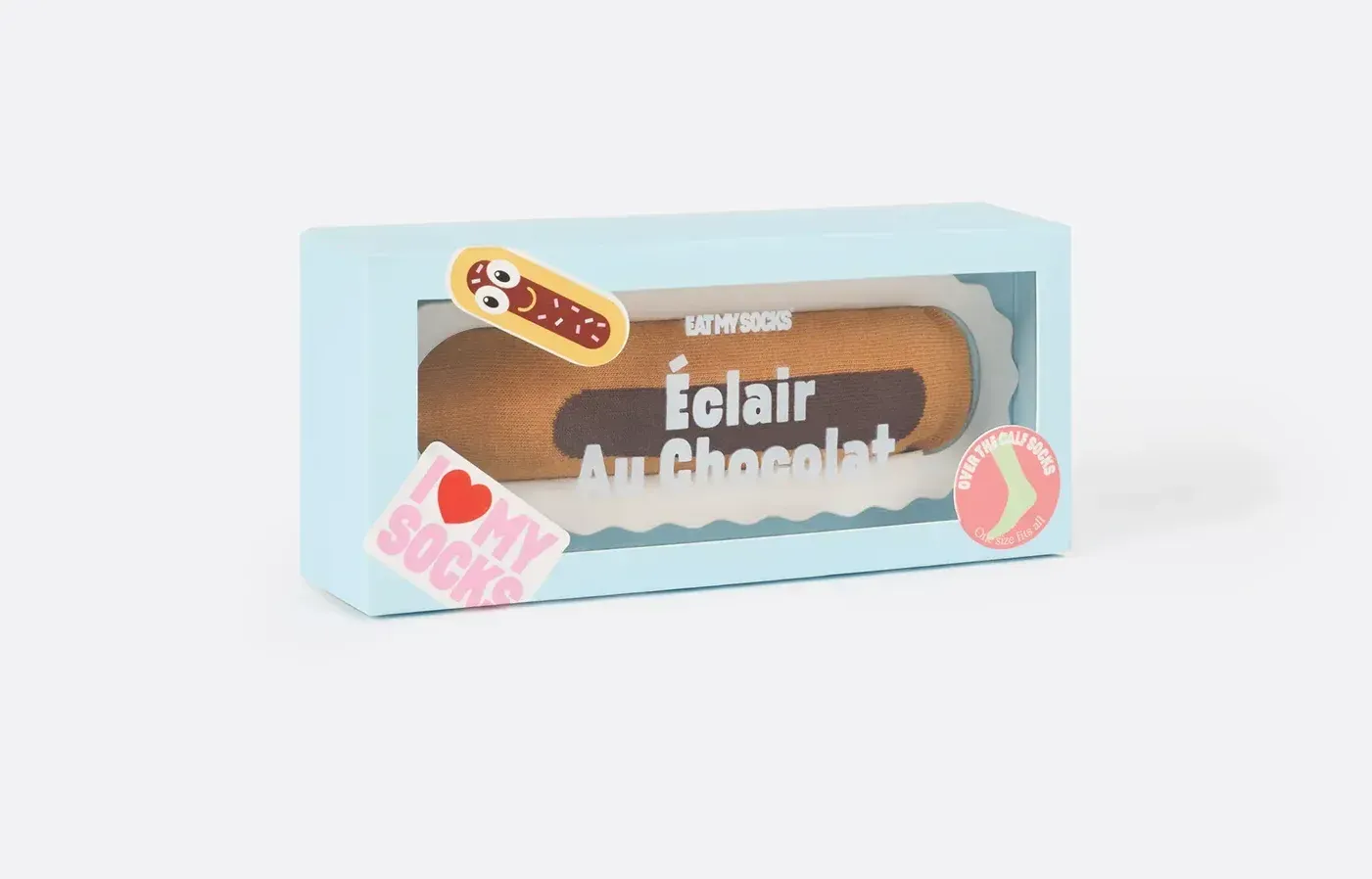 A box of eclair au chocolat is sitting on a table.
