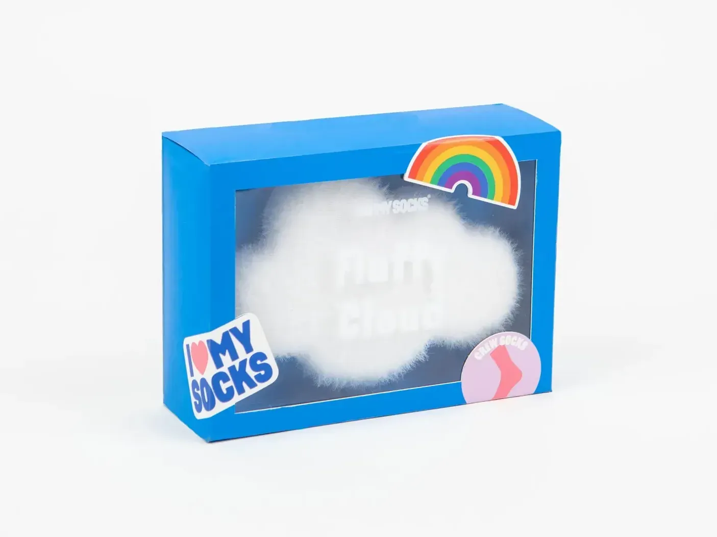 A blue box with a cloud and a rainbow on it.
