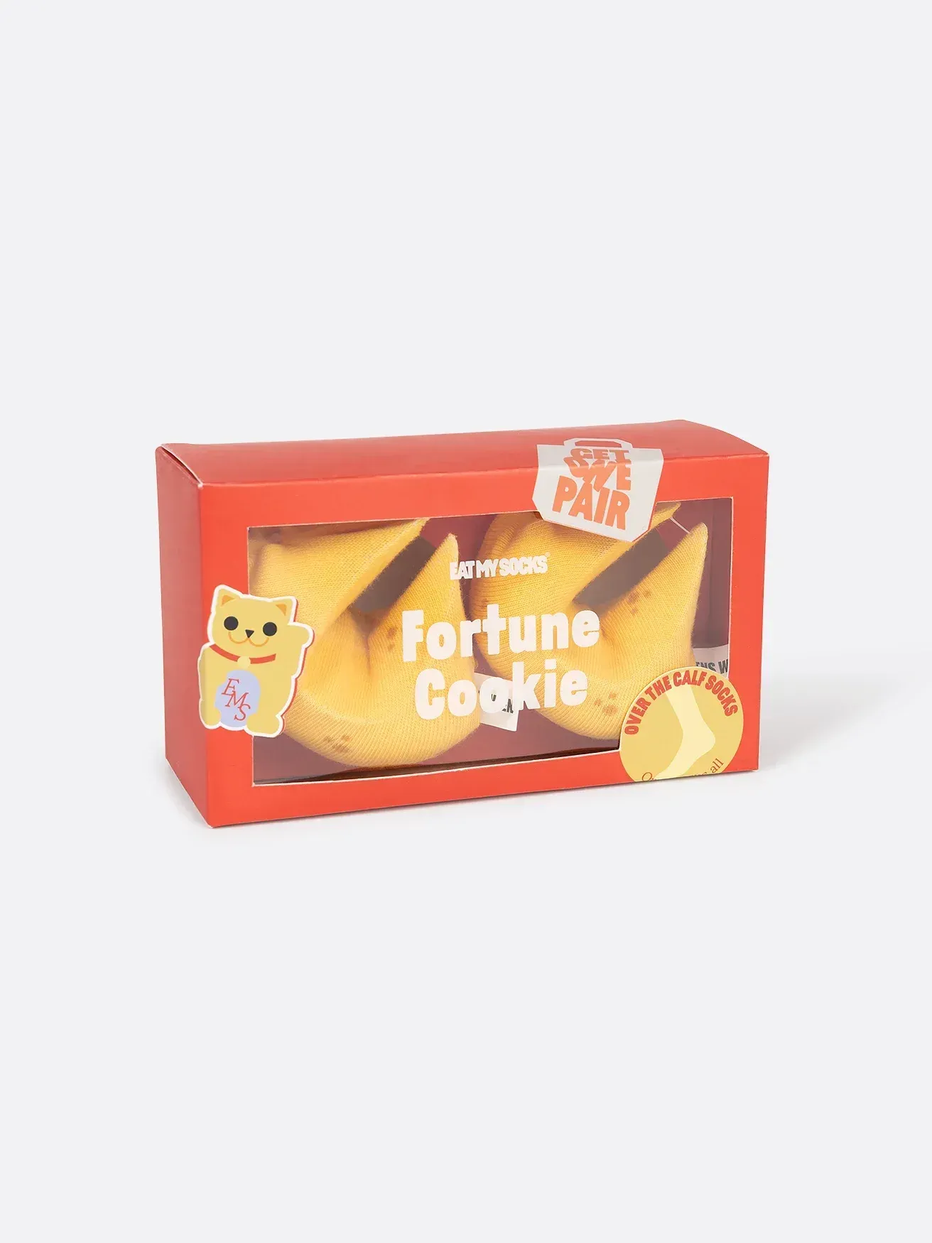 A box of fortune cookies with a cat on it.