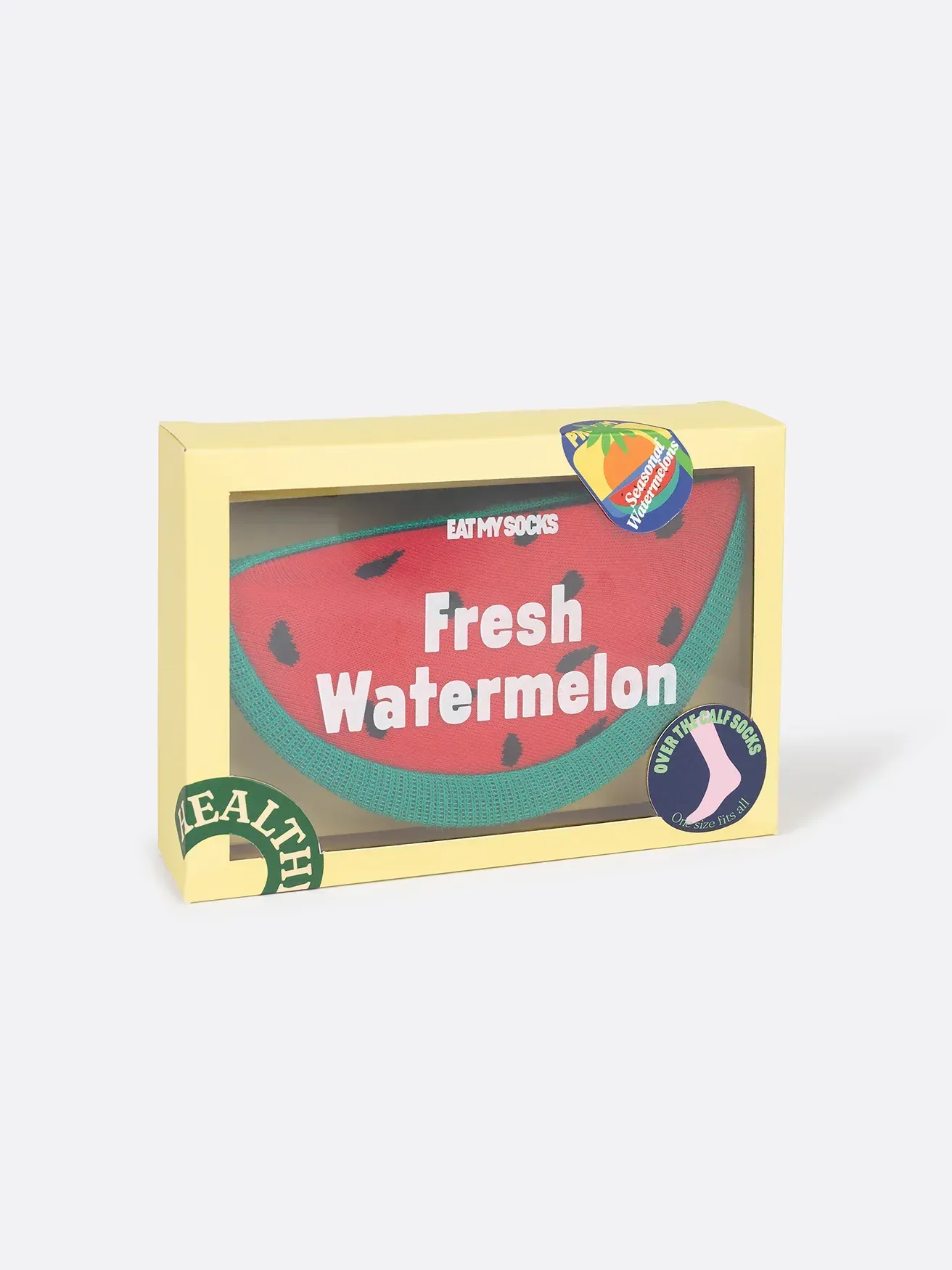 A box of fresh watermelon socks in the shape of a watermelon.
