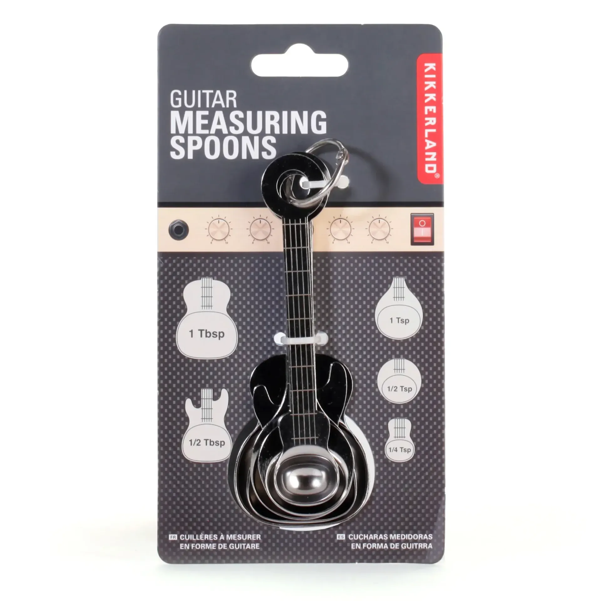 A package of guitar measuring spoons that looks like a guitar