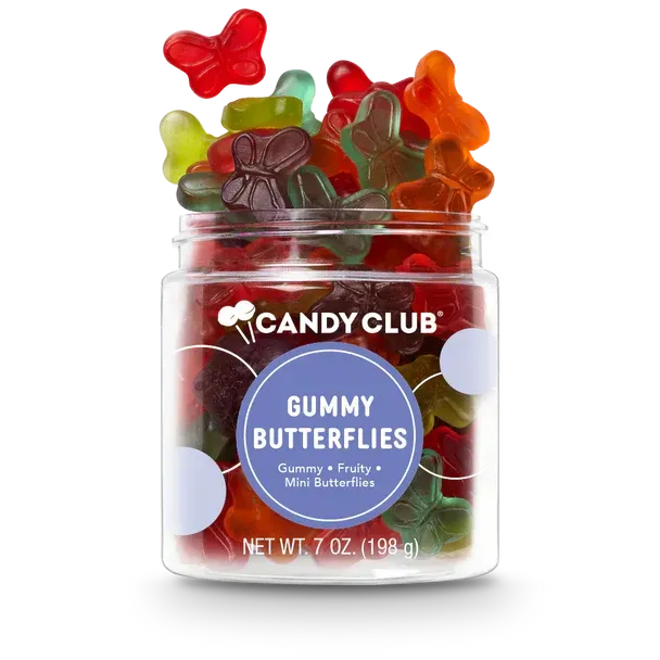 A jar of candy club gummy butterflies on a white background