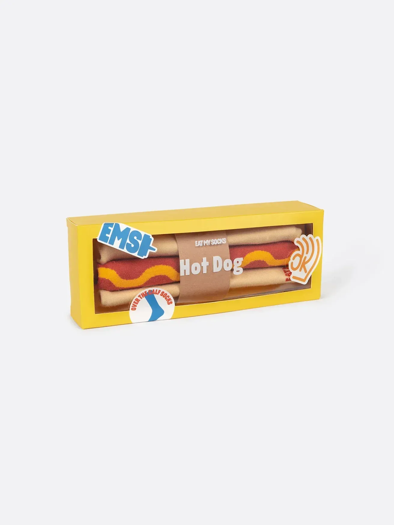 A box of socks in the shape of a hot dog.