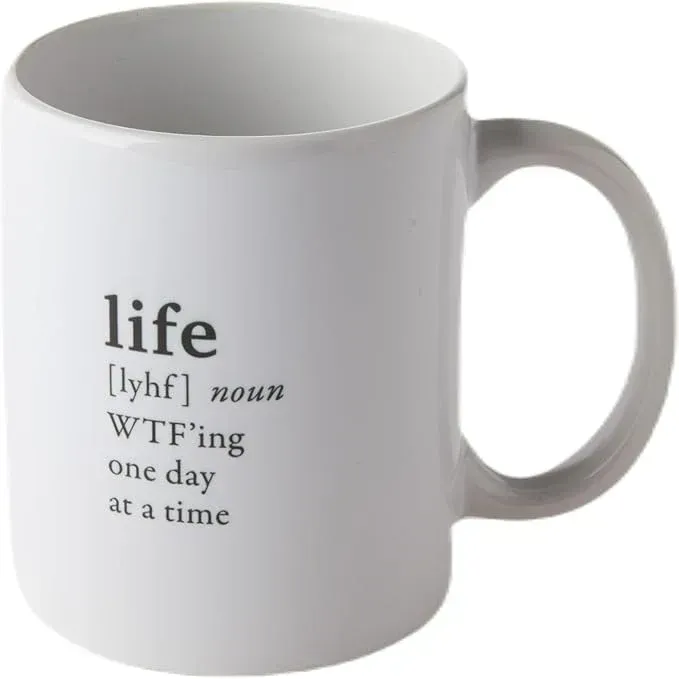 A white mug with the word life on it