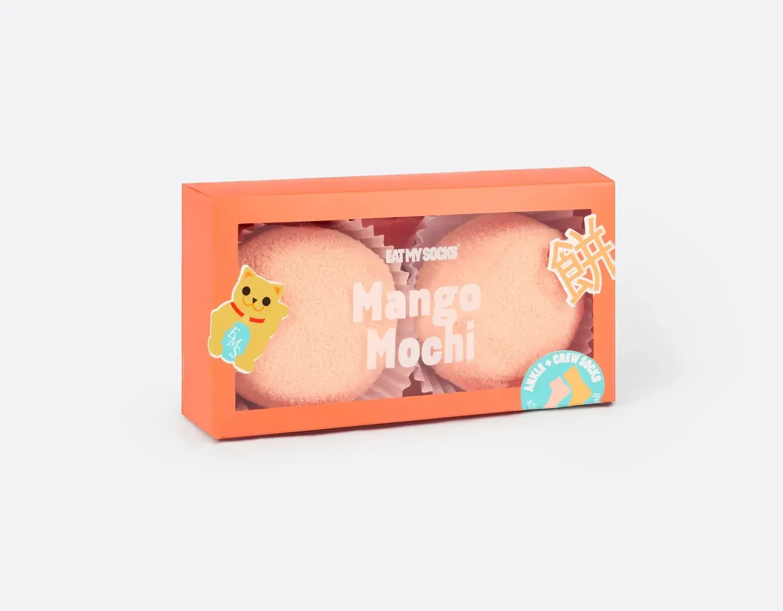 A box of mango mochi with a lucky cat on it.