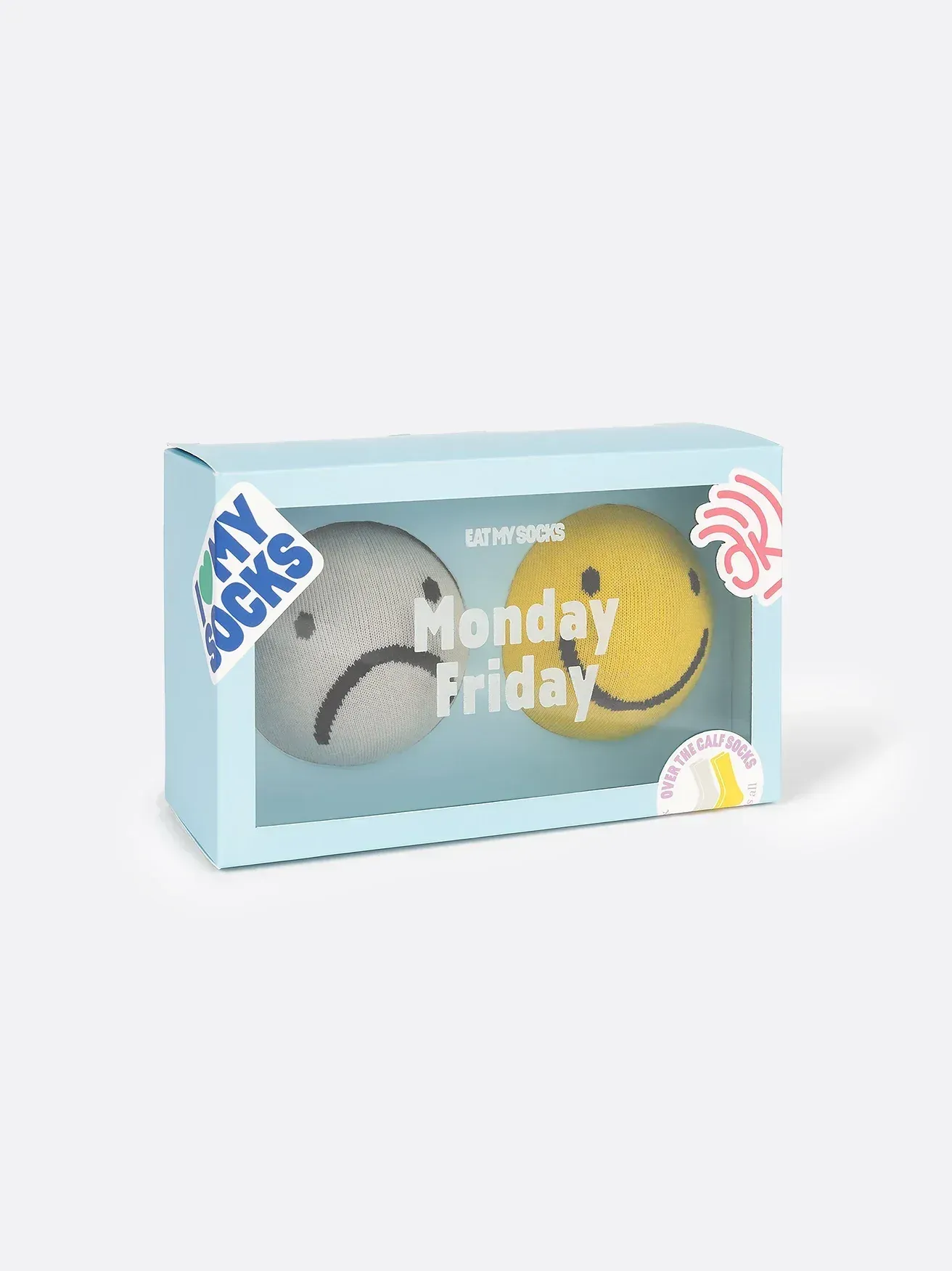 A box of monday friday socks with a sad face and a smiley face.