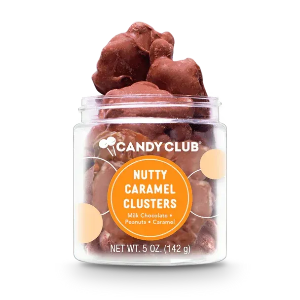 A jar of nutty caramel clusters by candy club