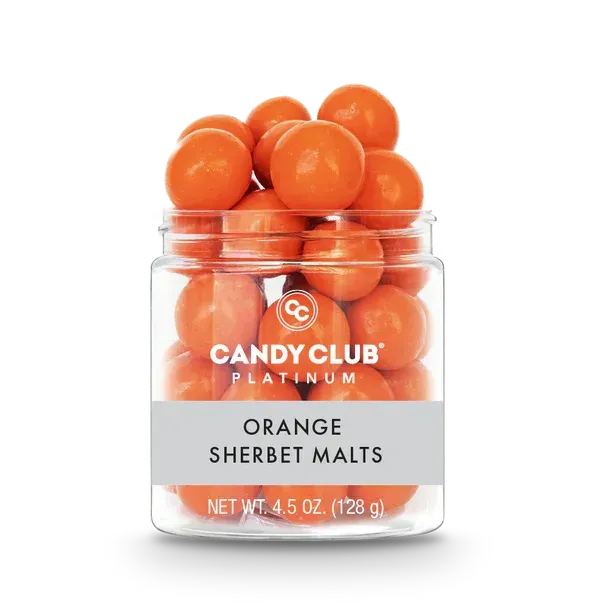 A jar of orange sherbet malts from candy club platinum