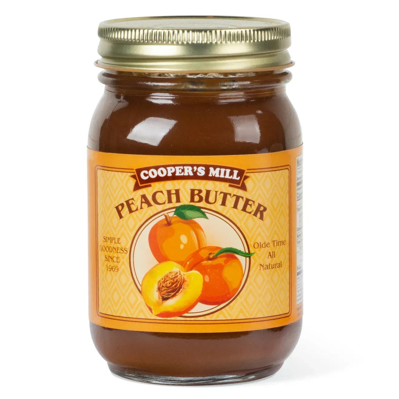 A jar of cooper 's mill peach butter on a white background