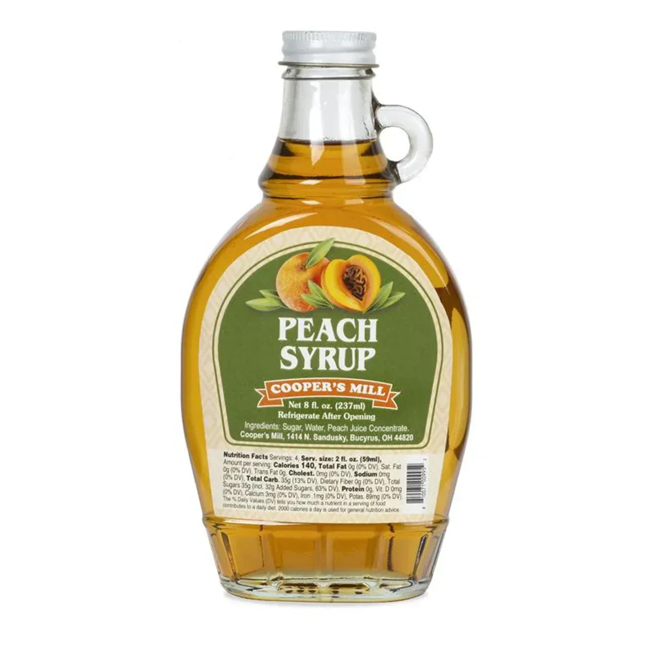 A bottle of peach syrup from cooper 's mill