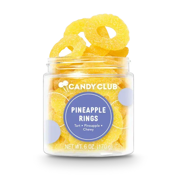 A jar of pineapple rings by candy club
