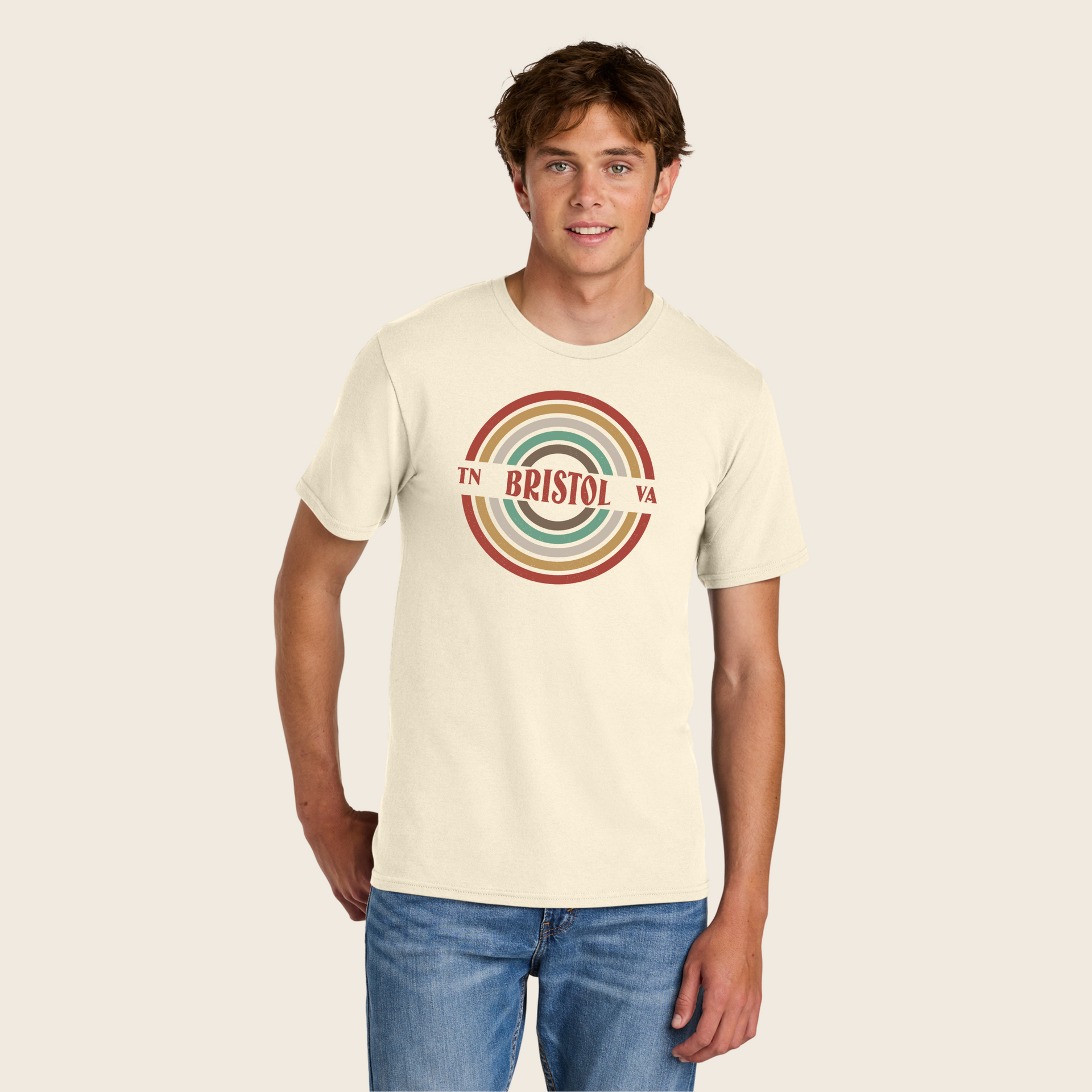 A man wearing a t-shirt that says bristol on it