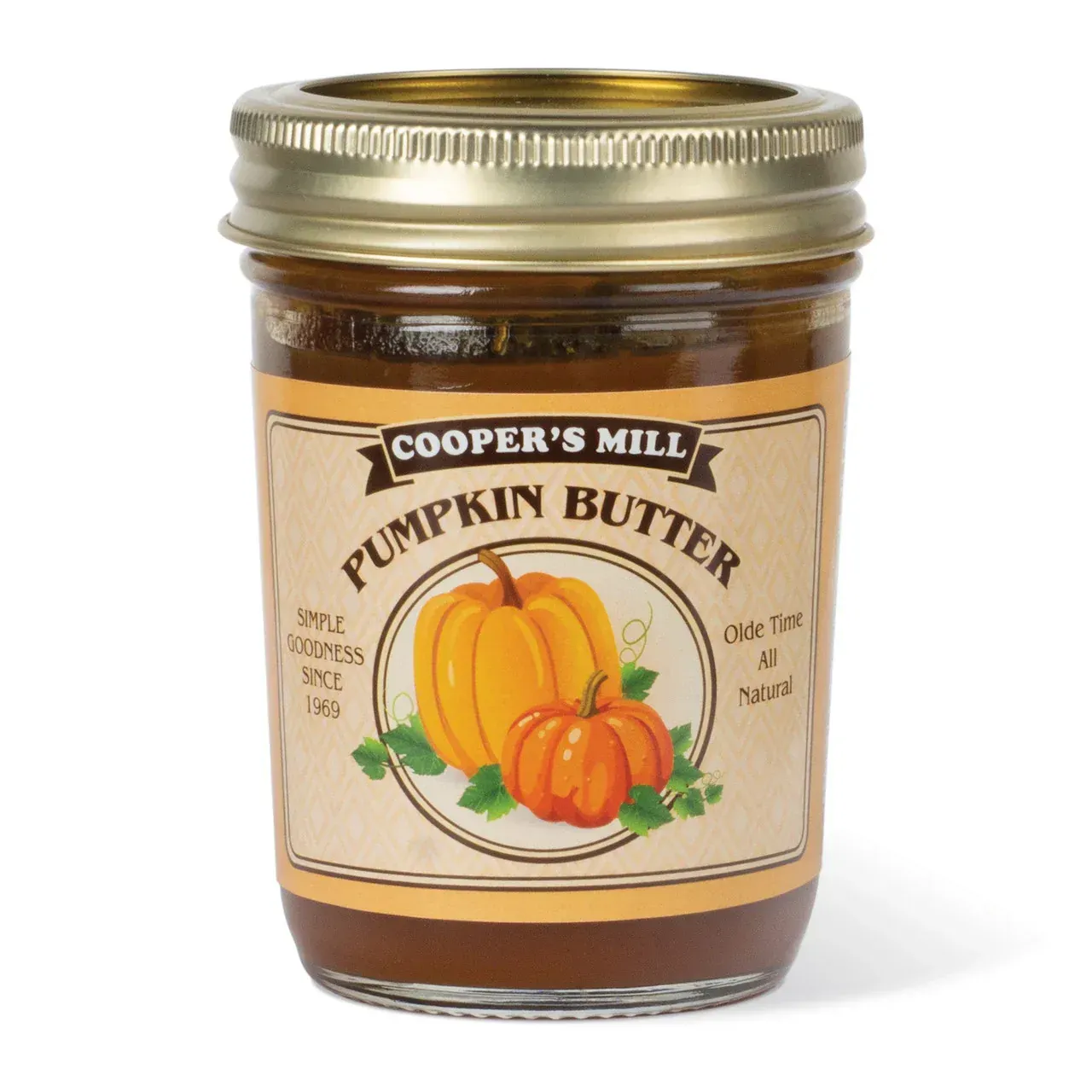 A jar of cooper 's mill pumpkin butter on a white background